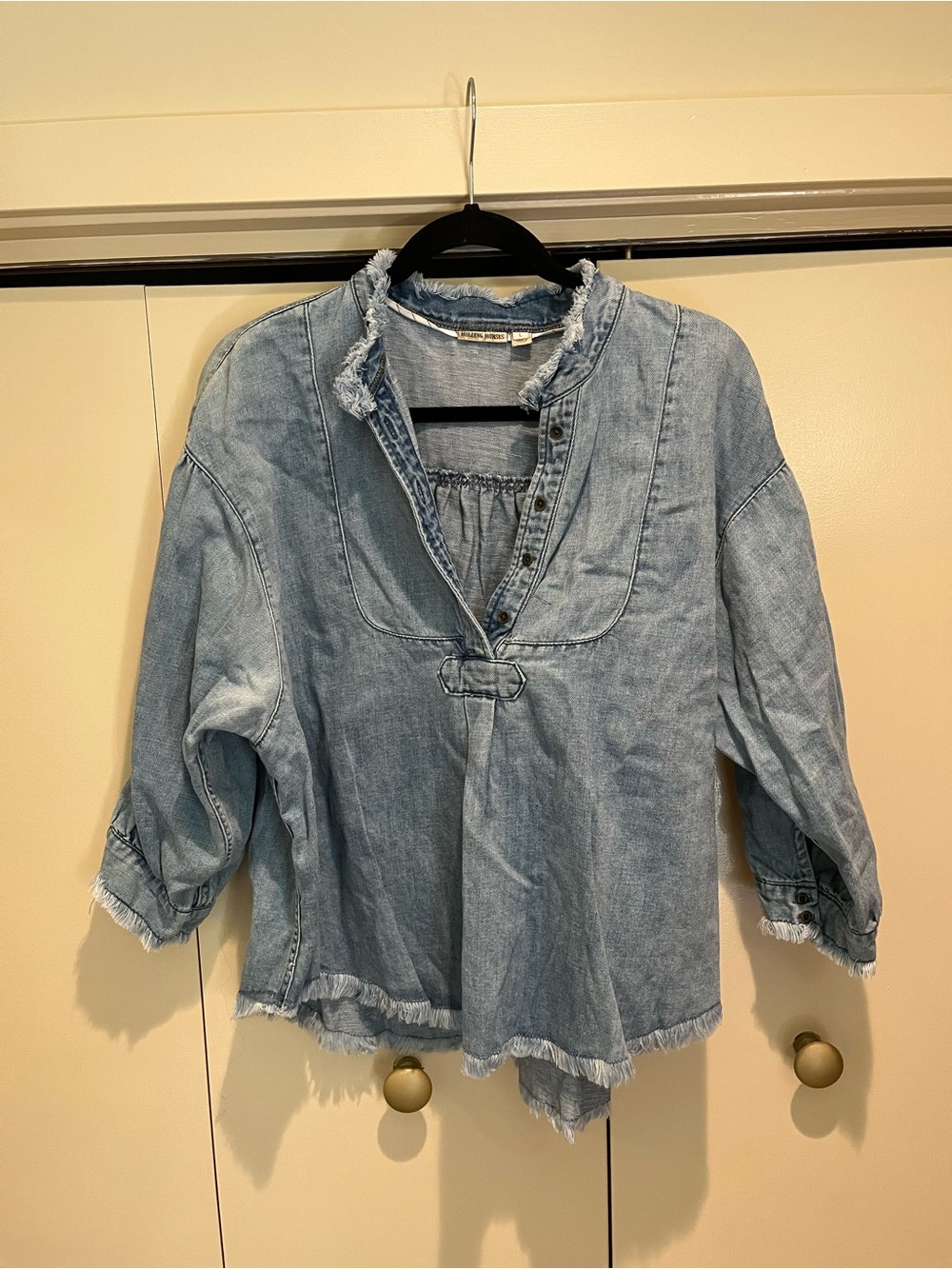 HOLDING HORSES Light Blue Distressed Denim Top